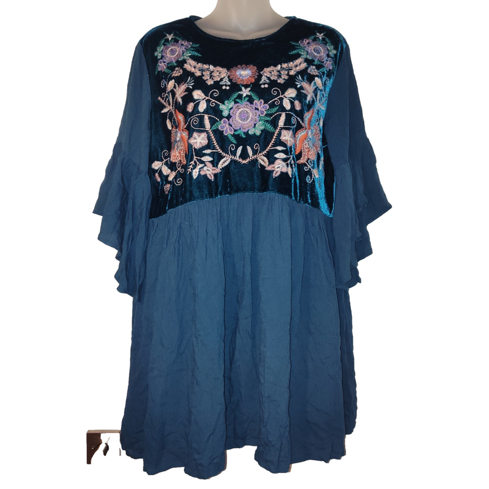 GGIO Women’s Blue Teal Embroidered Velvet Bodice Dress Size Medium BG15